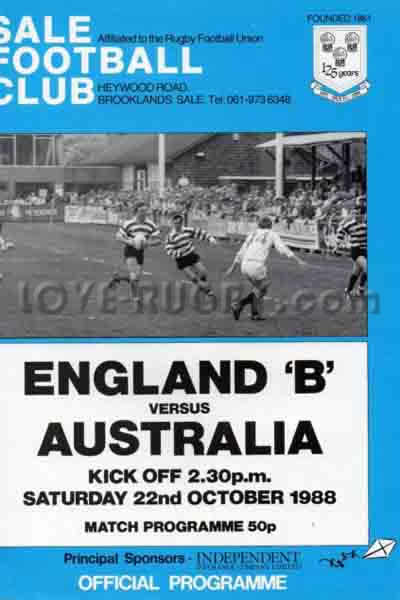 1988 England B v Australia  Rugby Programme